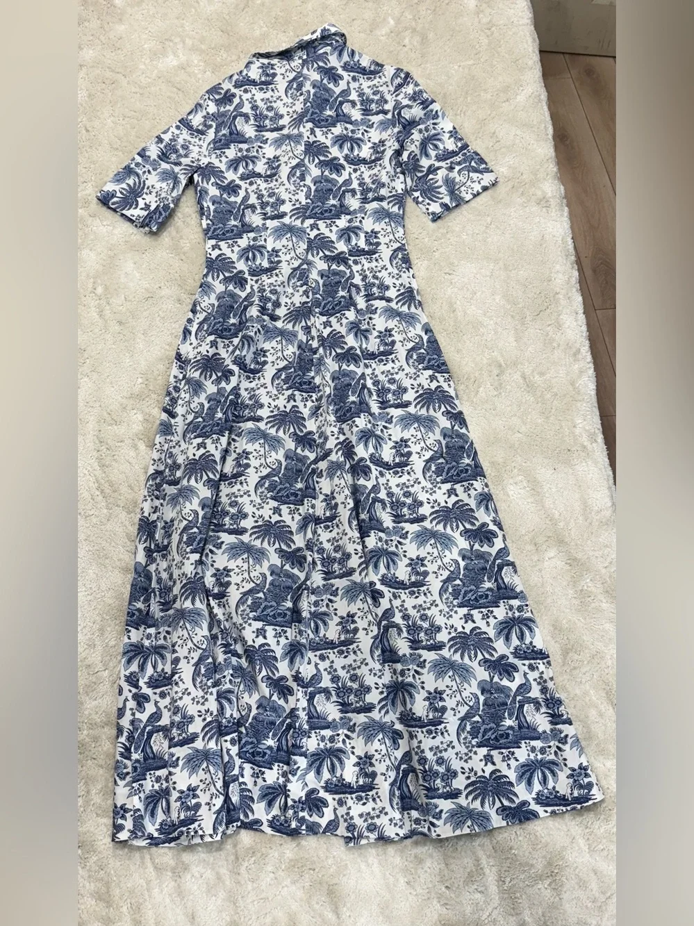 Staud Wells Blue White Toile Print Shirt Dress Maxi Size Small Tropical Palm NWT - Picture 7 of 7
